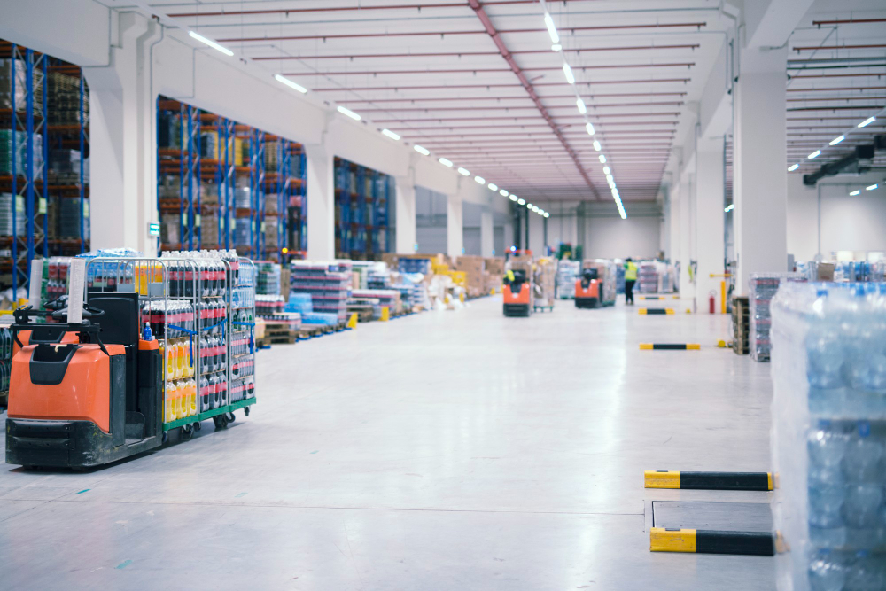 Cleaner scrubbing warehouse floor near pallet racks and loading area