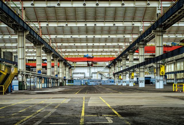 Cleaner scrubbing warehouse floor near pallet racks and loading area in Charlotte, NC