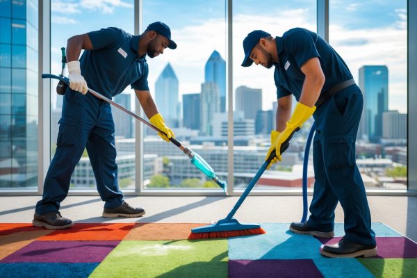 Post Construction Cleaning crew in Raleigh - NC wiping cabinets and vacuuming renovation dust before a final walkthrough