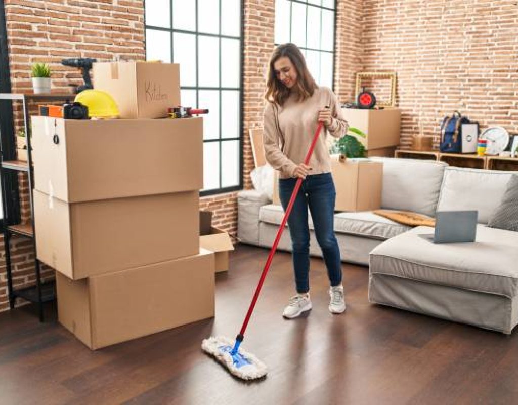 Young woman smiling confident cleaning floor at new home